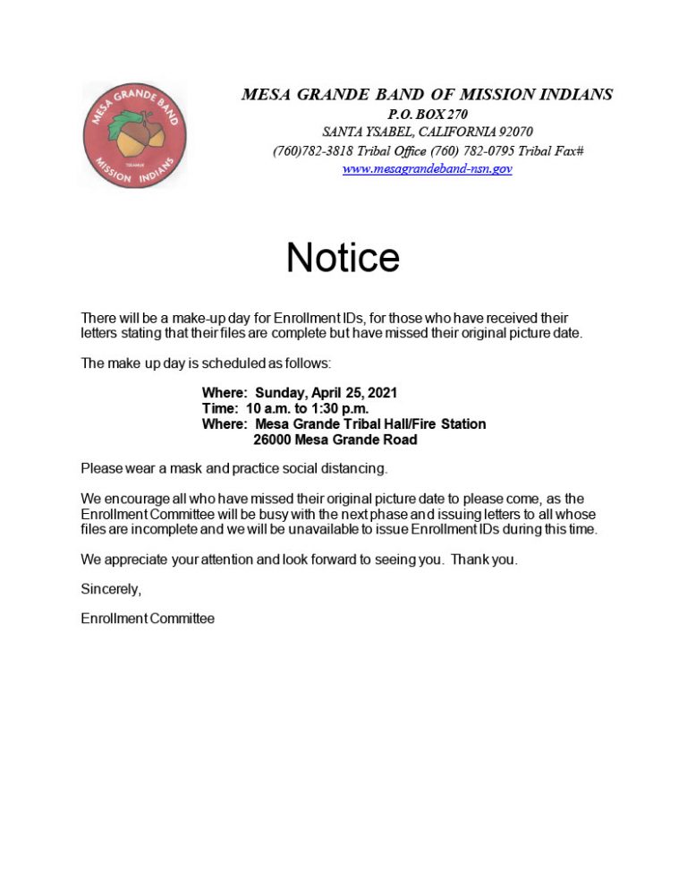 Enrollment Notice - Mesa Grande